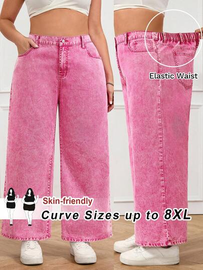 SHEIN CURVE+ Jeans de pierna ancha de lavado ácido de color rosa intenso de cintura alta y ajuste relajado para mujer, elegantes, de uso casual, para fiestas, bodas, negocios y uso diario