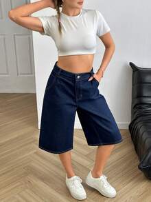 SHEIN Low Waist Dark Blue Raw Wash Casual Style Button Front Patch Detailed Denim Short - Dark Wash - View 6