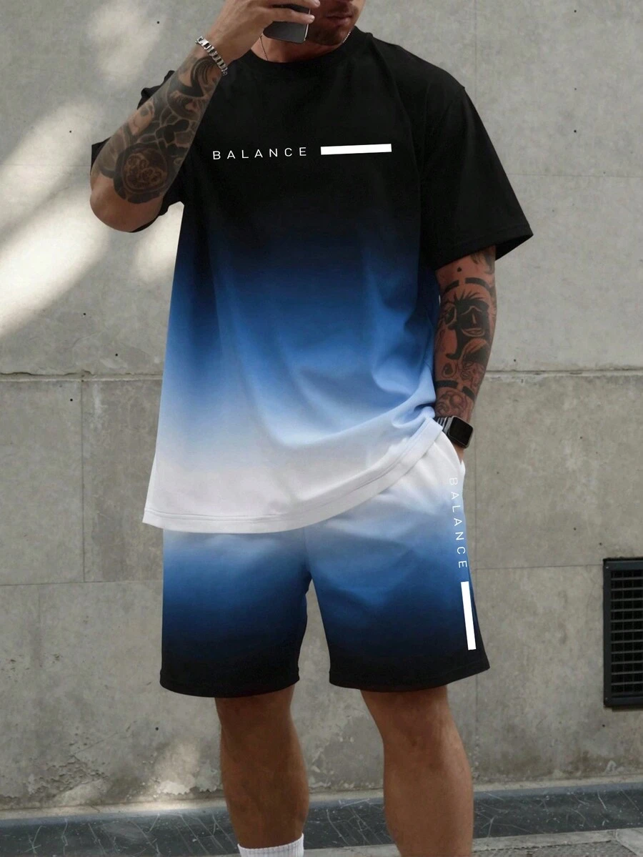 Manfinity Roughcore 男士字母印花渐变色圆领短袖T恤和斜插口袋短裤休闲套装 - 彩色 - 查看 1