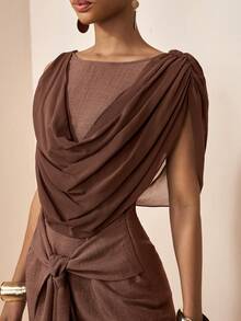 Zivah Dark Brown Summer Elegant Women's Linen Casual Mini Dress, Bar Party Draped Neckline Asymmetric Ruffle Tie-Waist Decor Boho Western Nomadic Style - Khaki - View 2