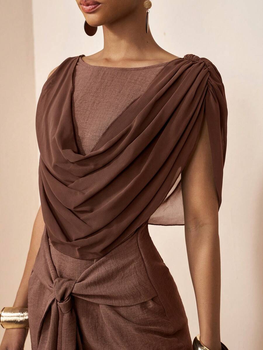 Zivah Dark Brown Summer Elegant Women's Linen Casual Mini Dress, Bar Party Draped Neckline Asymmetric Ruffle Tie-Waist Decor Boho Western Nomadic Style