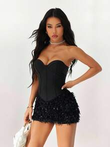 SHEIN PETITE 女士纯色抹胸拼接仿毛皮下摆修身时尚迷你连衣裙，女士派对礼服，女士圣诞派对礼服 - 黑色 - 查看 16