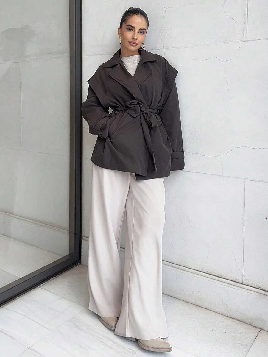 Marta Soriano 女式纯色腰带长袖风衣,秋冬 - 咖啡棕 - 查看 1