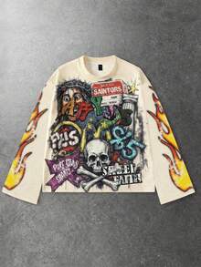 ROMWE MEN Street Life Áo thun nam tay dài in họa tiết bộ xương, phong cách đường phố cổ điển - Màu be - Xem 1