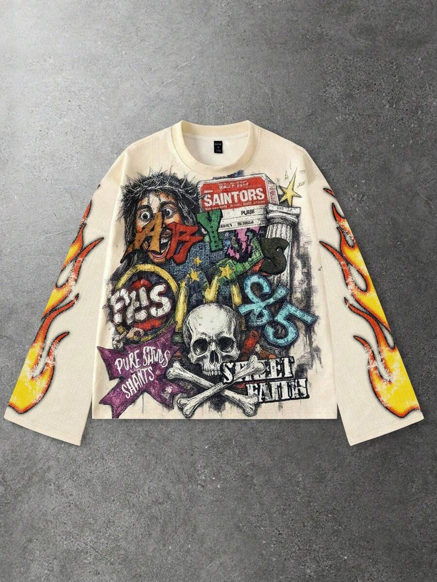 ROMWE MEN Street Life Áo thun nam tay dài in họa tiết bộ xương, phong cách đường phố cổ điển - Màu be - Xem 1