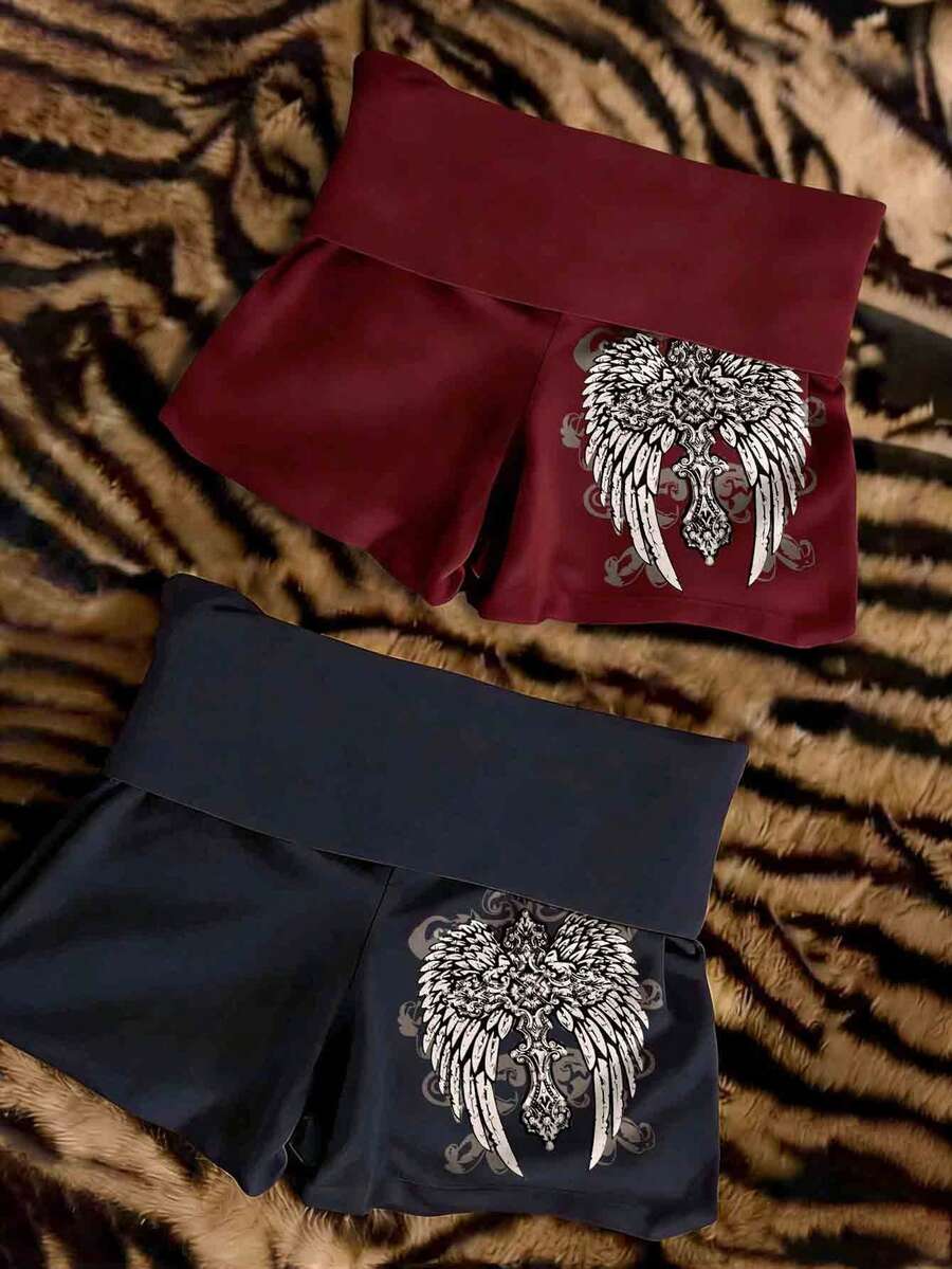 SHEIN Y2K 女士复古纹理翅膀十字印花两件套短裤,舒适休闲下装,适合日常穿着和聚会 - 彩色 - 查看 1