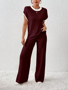 EMERY ROSE Women's Contrast Color Loose Casual Drawstring Knit 2 Pieces Set - Burgundy - View 7