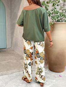 SHEIN 孕妇度假纯色露肩上衣和热带植物图案长裤休闲两件套 - 彩色 - 查看 2