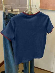 Resyla Áo thun nữ mùa hè thêu hình vỏ sò anh đào - Màu xanh hải quân - Xem 2