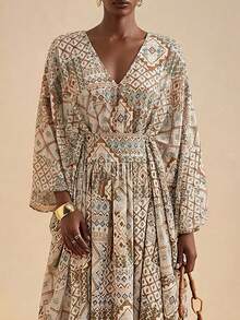 Vesra Đầm Bohemian dáng rộng cổ chữ V sâu in họa tiết dành cho nữ - màu nâu - Xem 3