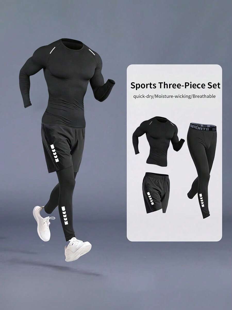 Manfinity Sport Corelite Men's Raglan Sleeve T-Shirt, Shorts And Leggings Sports Suit - Black - View 1