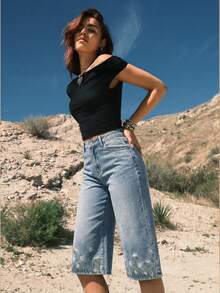 Easelle Quần Jeans Denim Rộng Rãi Thêu Thời Trang Thường Ngày Cho Nữ, Mùa Hè - Màu xanh lam - Xem 3