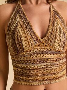SHEIN BAE Áo croptop dệt kim hở lưng cổ buộc dây gợi cảm đa năng dành cho nữ, thích hợp cho hẹn hò và đi chơi. - Nhiều màu - Xem 1