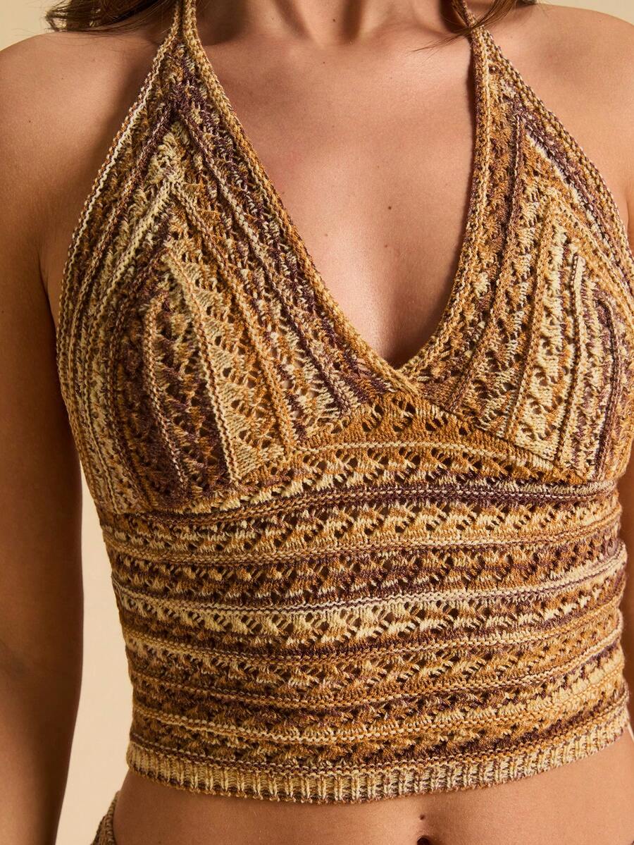 SHEIN BAE Áo croptop dệt kim hở lưng cổ buộc dây gợi cảm đa năng dành cho nữ, thích hợp cho hẹn hò và đi chơi. - Nhiều màu - Xem 1