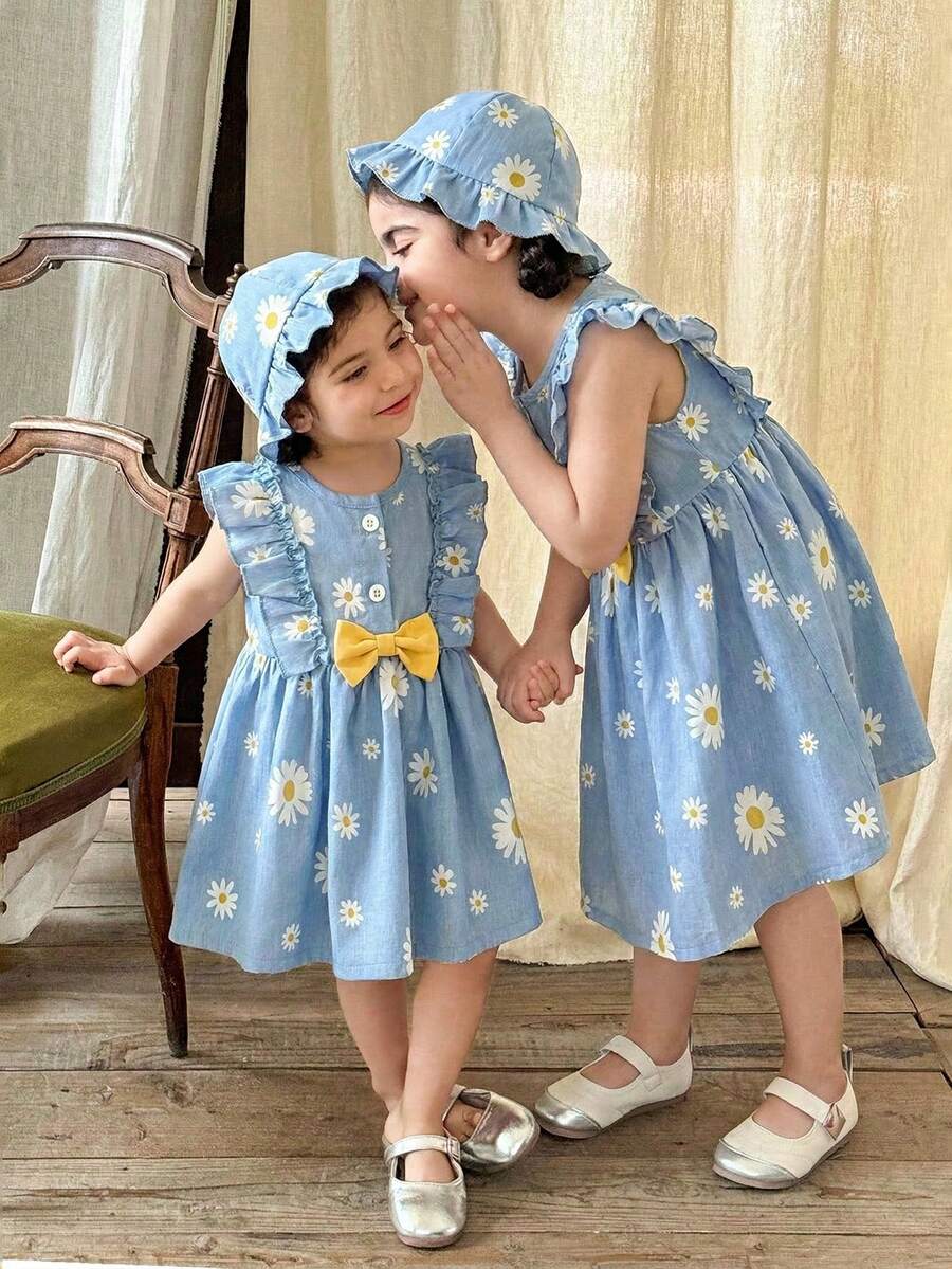 SHEIN Vintaside Kids Vestido de verano para bebé niña recién nacida con cuello redondo, volantes, estampado de cerezas de dibujos animados, sin mangas, con lazo rojo y sombrero rojo, elegante y lindo - Celeste - Ver 1