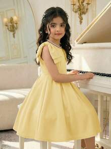 Tween Girl Spring/Summer Elegant Beaded Dress With Large Yellow Bow Decor Tween Girl - Yellow - View 5