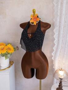 Áo bơi Zestiva-D dành cho nữ, nền đen, đính đá lấp lánh, kiểu yếm cổ với mặt dây chuyền khoét ngực, chất liệu vải đính đá mềm mại, thích hợp cho kỳ nghỉ biển. - màu đen - Xem 5