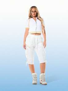 BABYPHAT White Short Sleeve Hooded Sweatshirt With Yellow Contrast Trim And Front Zip Closure Casual Loungewear For Spring Summer - White - View 6