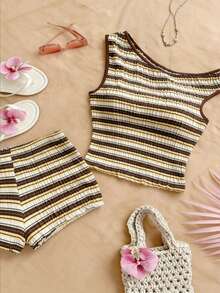 INAWLY Conjunto informal de 2 piezas de top con cuello asimétrico a rayas y shorts para mujer, para verano - Beis - Ver 3