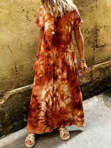 Linavere Women's Tie-Dye Round Neck Short Sleeve Casual Loose Dress - Multicolor - View 3