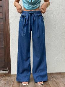 Sunnyshic Damen Lässig Urlaubs Jeans mit weitem Bein und Gürtel - Blau - Übersicht 3