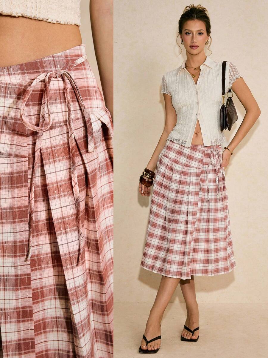 Poéselle Minifalda casual y versátil con estampado de cuadros y lazo - Rojo y blanco - Ver 1