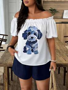 SHEIN LUNE 大码女式休闲狗狗印花牛仔效果露肩上衣和短裤套装，春夏款 - 藍白色 - 查看 4