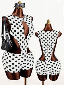 Mistrie Bộ jumpsuit chấm bi gợi cảm khoét eo dành cho nữ, jumpsuit chấm bi, đồ bơi chấm bi, jumpsuit nữ, bộ đồ liền thân nữ. - trắng - Xem 4
