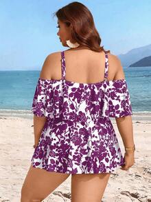 Swim Lushoire Plus Size Random Print Adjustable 2 Pieces Modest Fashionable Tankini Swimwear - Purple - View 2