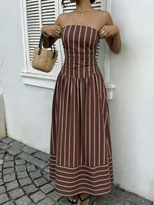 SHEIN EZwear 女士荷叶边无肩带长款棕色条纹连衣裙，适合度假、海滩、夏季、婚礼宾客、生日派对、户外活动等场合穿着。 - 彩色 - 查看 6