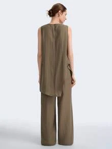Aalyst Women's Olive Green Summer Effortless Chic Vacation Holiday Linen Blend Sleeveless Pleated Irregular Hem Long Shirt & Wide Leg Pants Two Pieces Set - Army Green - View 6