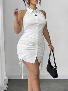 INAWLY Plus Size Solid Color Front Button Pleated Sexy Backless Sleeveless Mini Dress - White - View 4