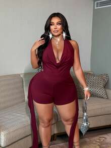 NU&NOW Women's Draped Neck Backless Sleeveless Top And Tight Shorts Set,Plus Size 2-Piece Burgundy Club Outfits,Summer 70's Party Rave Beach Romper - Burgundy - View 3