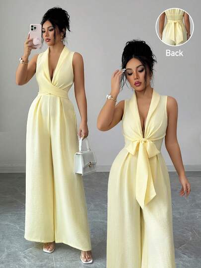 Elenzga Women's Light Yellow Shirred Collar High-End Design Front & Middle Open Bow Tie Waist Jumpsuit, Elegant Elegant, Suitable For Valentine's Day, Easter, Labor Day, Birthday, Date, Party, Formal Occasions, Teacher's Outfit, Travel, Spring & Summer