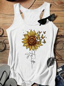 EMERY ROSE Casual Minimalist Sunflower Print Plus Size Camisole, Suitable For Summer - White - View 1