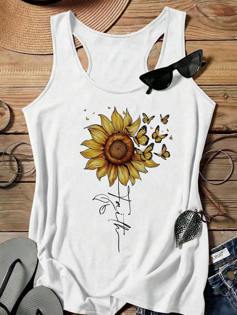 EMERY ROSE Casual Minimalist Sunflower Print Plus Size Camisole, Suitable For Summer - White - View 1