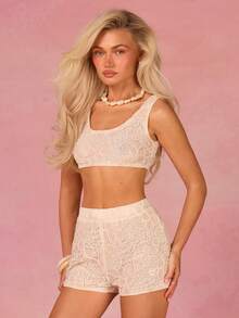 Athîral Conjunto de 2 piezas de top corto de tirantes y shorts casual de vacaciones con bordado de lentejuelas para mujer - Blanco - Ver 4