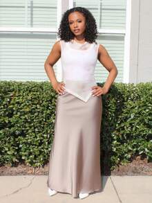 Steph T Women's Elegant Satin Skirt, Versatile Fish Tail Hem A-Line Skirt, Everyday Wear - Khaki - View 6