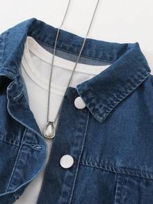 2pcs/Set Tween GirlsY2K Fashionable Loose Fit Cropped Denim Jacket + Wide-Leg Denim Shorts Set, Suitable For Daily Outings, Holidays, School, Commuting, Parties, Home, Festivals - Medium Wash - View 6