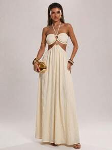 SHEIN BAE 女士休闲度假前后镂空环饰露背吊带纹理连衣裙，沙滩度假连衣裙，沙滩，度假，旅行，姐妹出游浅黄色纹理连衣裙 - 杏色 - 查看 1