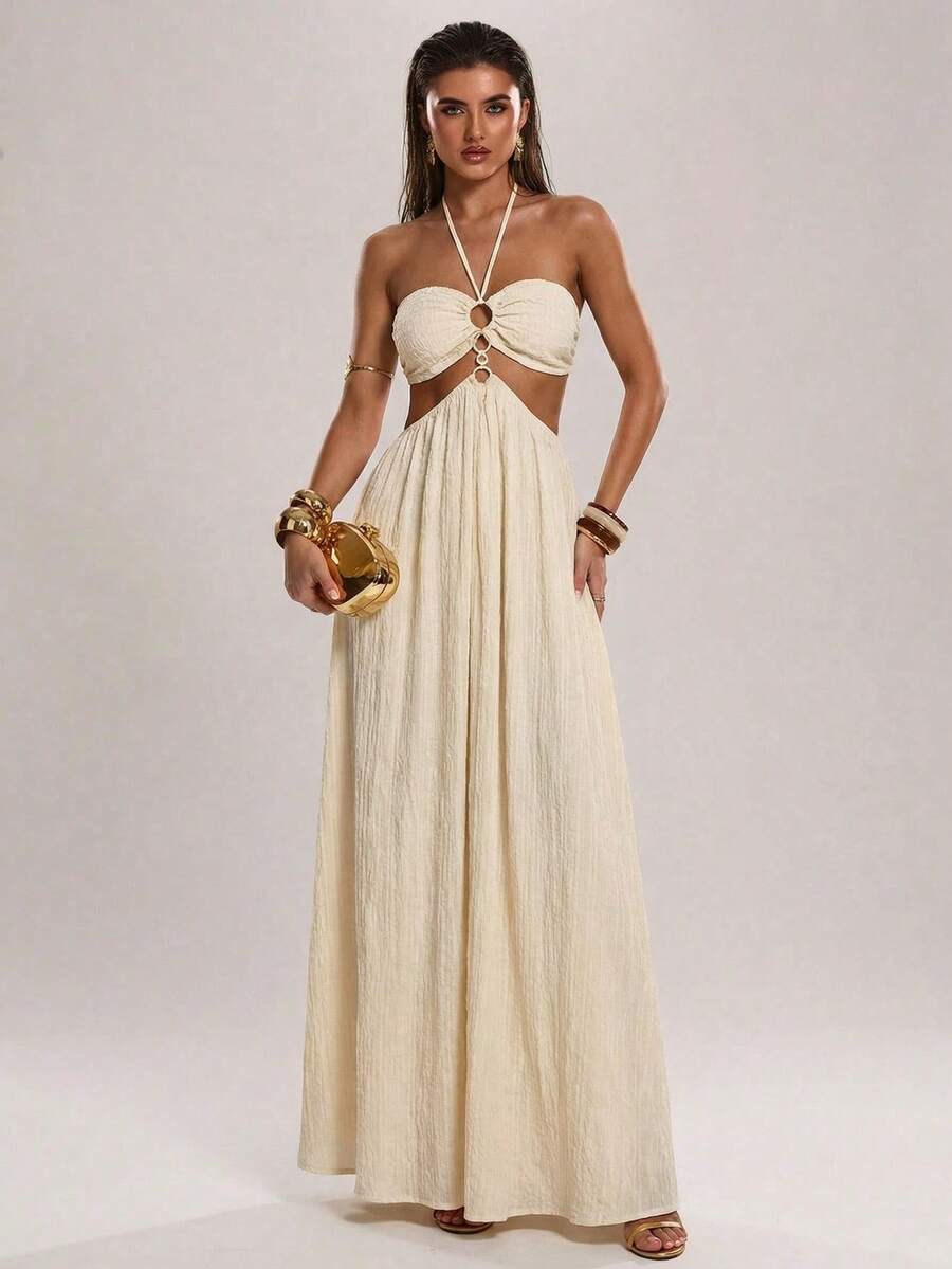 SHEIN BAE 女士休闲度假前后镂空环饰露背吊带纹理连衣裙，沙滩度假连衣裙，沙滩，度假，旅行，姐妹出游浅黄色纹理连衣裙 - 杏色 - 查看 1