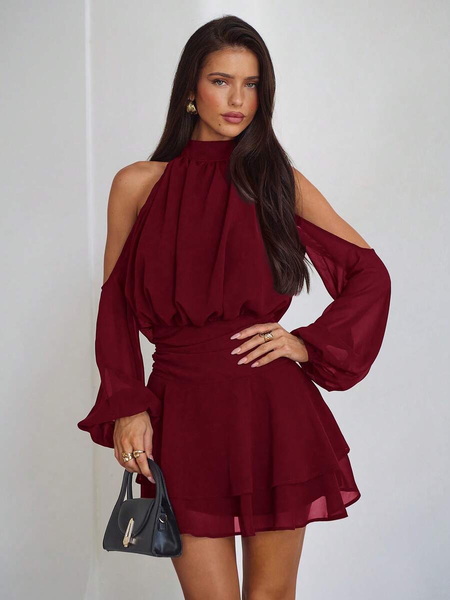 Aloruh Purple-Red Long Sleeve Off-Shoulder Dress, Casual Commuter Elegant Dress With Small Stand Collar, Spring - Burgundy - View 1