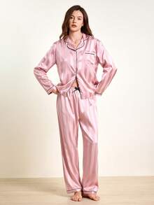 2 件套女士缎面条纹印花睡衣套装，长袖纽扣领上衣和裤子，休闲睡衣家居服，适合家居服、秋冬装、秋季服装 - 粉色 - 查看 4