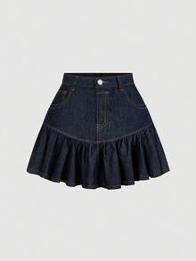 SHEIN Tall 女士高腰带口袋荷叶边下摆休闲牛仔裙 - 深色水洗藍 - 查看 1