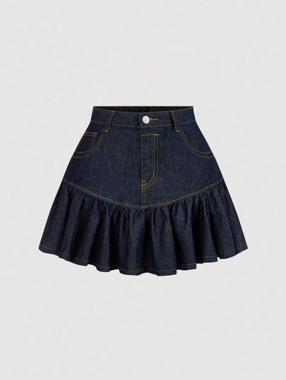 SHEIN Tall Women's High Waist Pocketed Ruffle Hem Casual Denim Skirt
