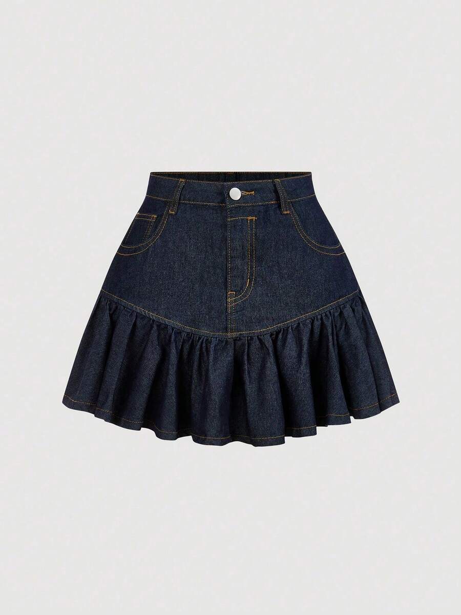 SHEIN Tall 女士高腰带口袋荷叶边下摆休闲牛仔裙 - 深色水洗藍 - 查看 1