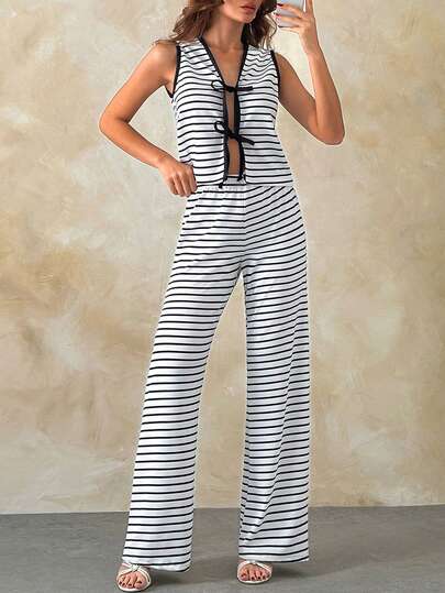 SHEIN Ensemble femme top court sans manches rayé et pantalon large taille haute, style décontracté pour l'été