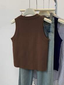 SHEIN Women's Solid Color Round Neck Casual Versatile Knit Vest - Coffee Brown - View 2