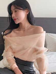 DAZY Women's Off-Shoulder Fitted Sheer Mesh Blouse - Apricot - View 5