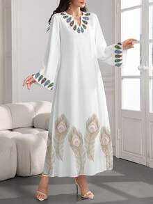 SHEIN Najma Colorful Feather & Faux Diamond Print V-Neck Flared Long Sleeve Dress, Elegant Arabic Style Maxi Dress For Spring & Autumn - Multicolor - View 3